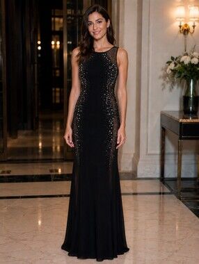 Amelia Couture Black Stretch Sz 6 Studded Spangled Formal Gown Open Sides Mesh